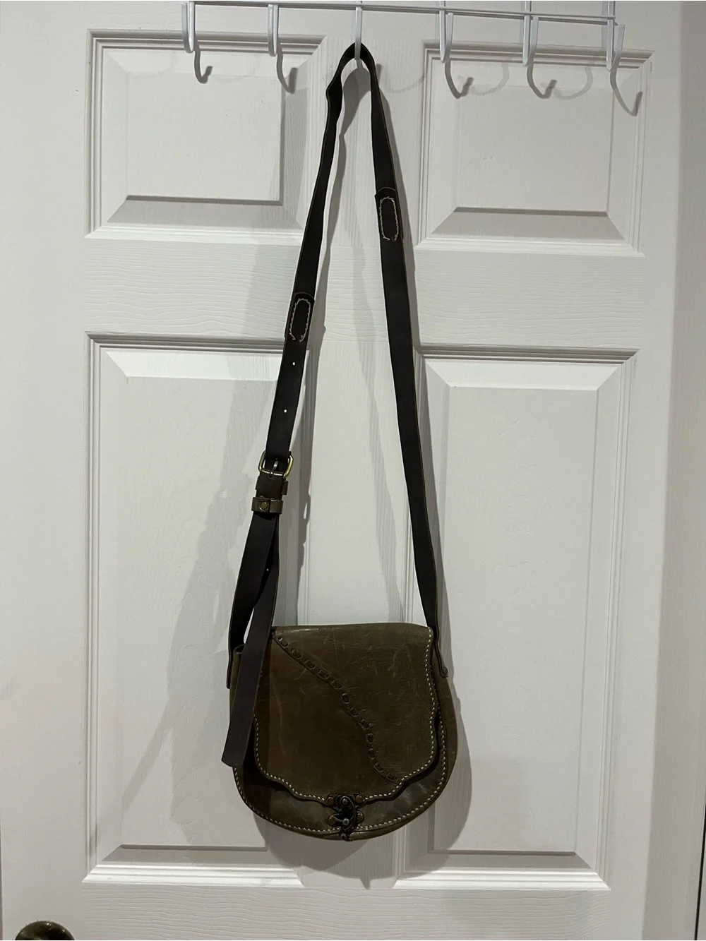 Handcrafted Brown Leather Crossbody Bag, approx 9.5”w x 8”h x 2”d